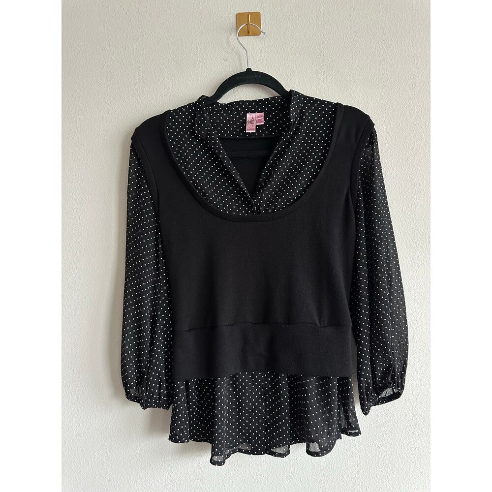 Dolled Up Black Polka Dot Chiffon Layered Blouse Sheer Sleeves Retro M